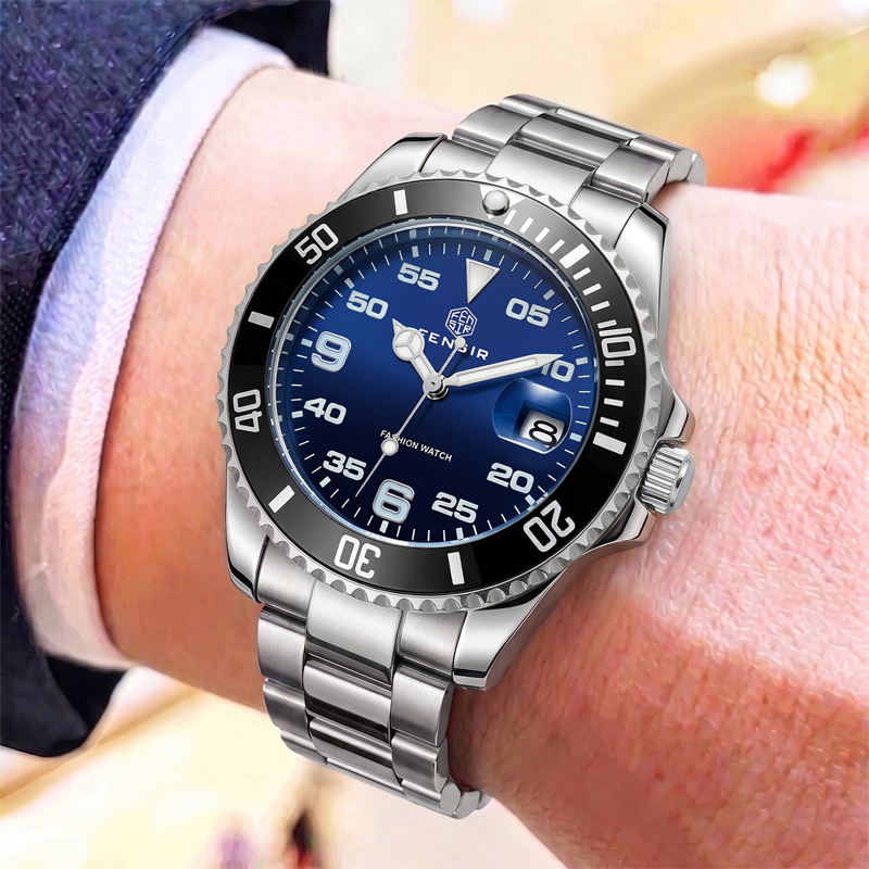 Luxury Watch Makes - クラシックなメンズクォーツ時計。逆回転防止ベゼル、防水、夜光、カレンダー、スチール製ストラップを備えています。 ビジネス、スポーツ、通勤に適した、多用途で軽やかな高級感のある男性用ダイバーズウォッチであり、ギフトにも最適です。