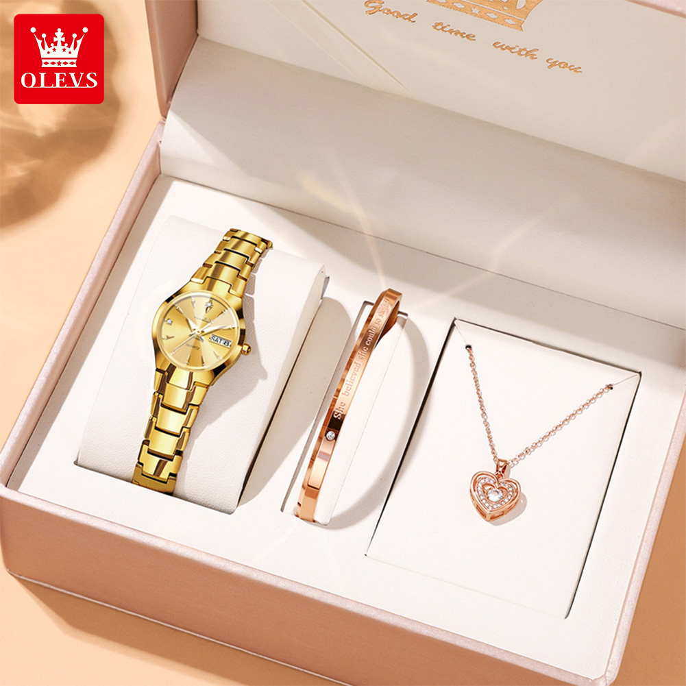 Luxury Women'S Watch - OLEVSレディース腕時計8697高級エレガントクォーツ腕時計防水タングステン鋼デイデイト腕時計女性用腕時計ブレスレットセット