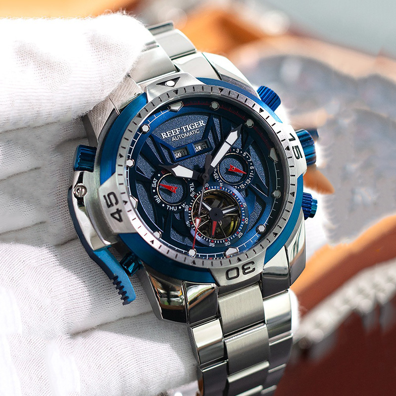Chronograph Flyback Watch - メンズ自動機械式時計ステンレススチールケース 10ATM 防水ムーンフェイズ表示夜光 51.3 ミリメートル直径腕時計