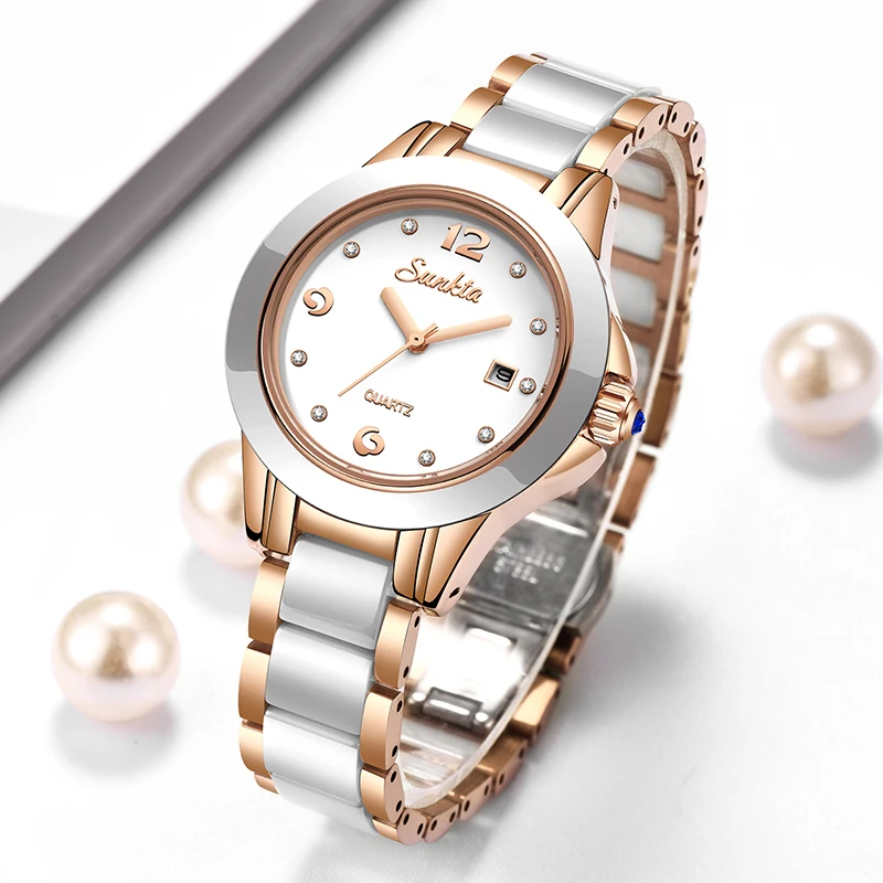 Luxury Women'S Watch - Sunkta ファッションカジュアルクォーツ女性腕時計エレガントな高級セラミックダイヤモンドカレンダー防水レディース女性用腕時計モントレファム