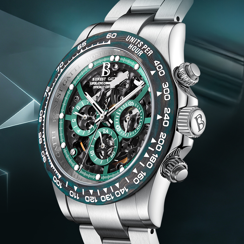 Chronograph Flyback Watch - BONEST GATTI メンズ腕時計自動機械式腕時計カーボンパルスシリーズカーボンファイバーベゼルスケルトンクロノグラフ発光ダイヤル