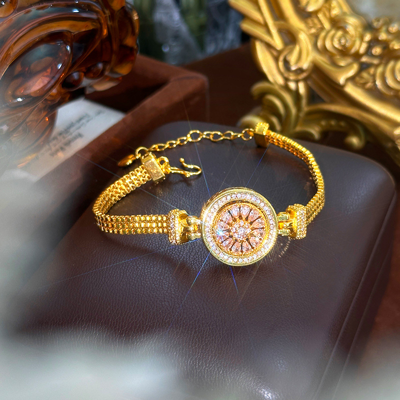 Luxury Watch Service - サンドゴールドライト高級ダイヤモンドセット、回転ピンクジルコンコンパス付き腕時計ブレスレット、女性用ゴールドファッション、小さな文字盤、9999ゴールド