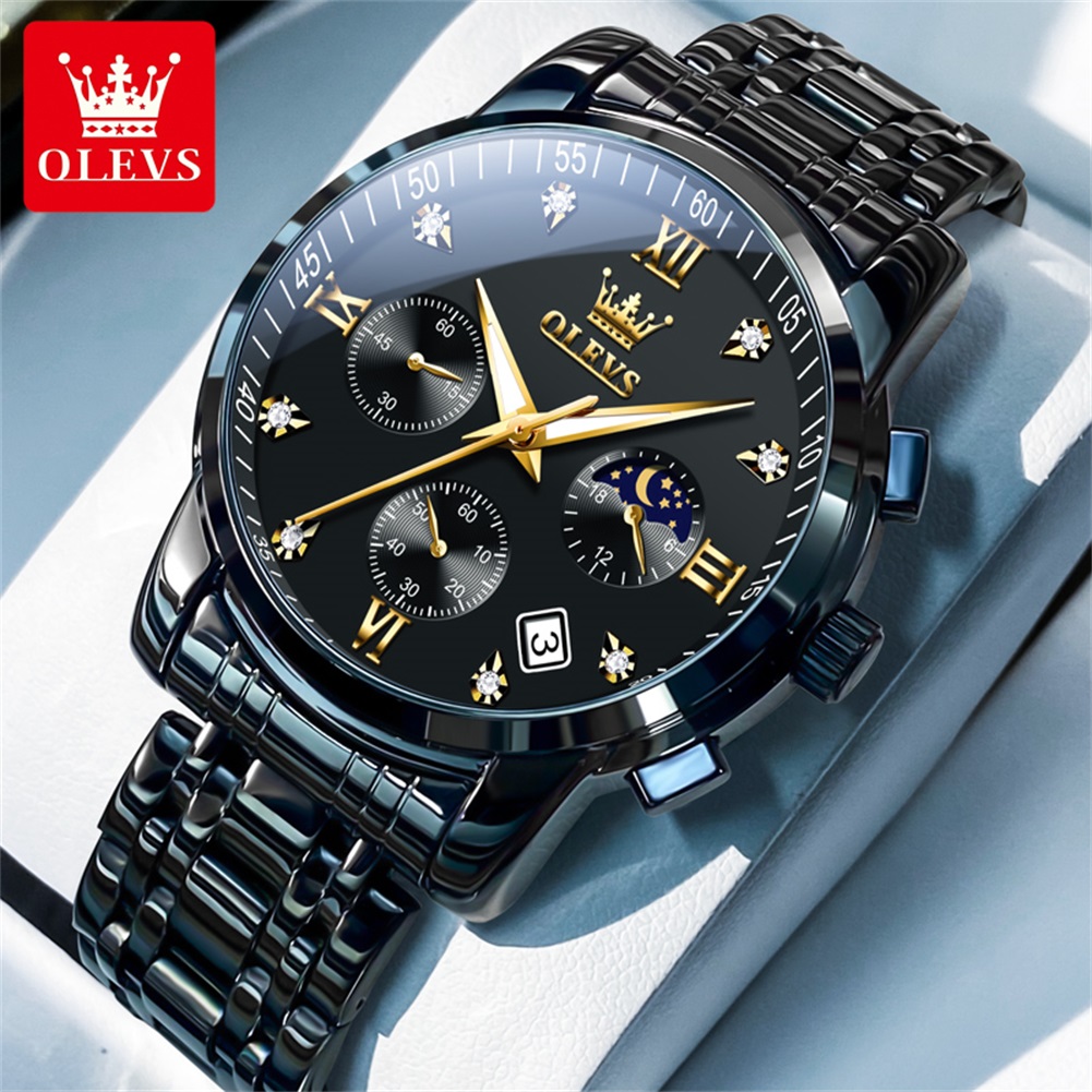 Luxury Watch Exchange - OLEVS 人気のメンズ腕時計ステンレススチールブラックムーンフェイズクロノグラフクォーツ時計男性日付オリジナルブランド腕時計