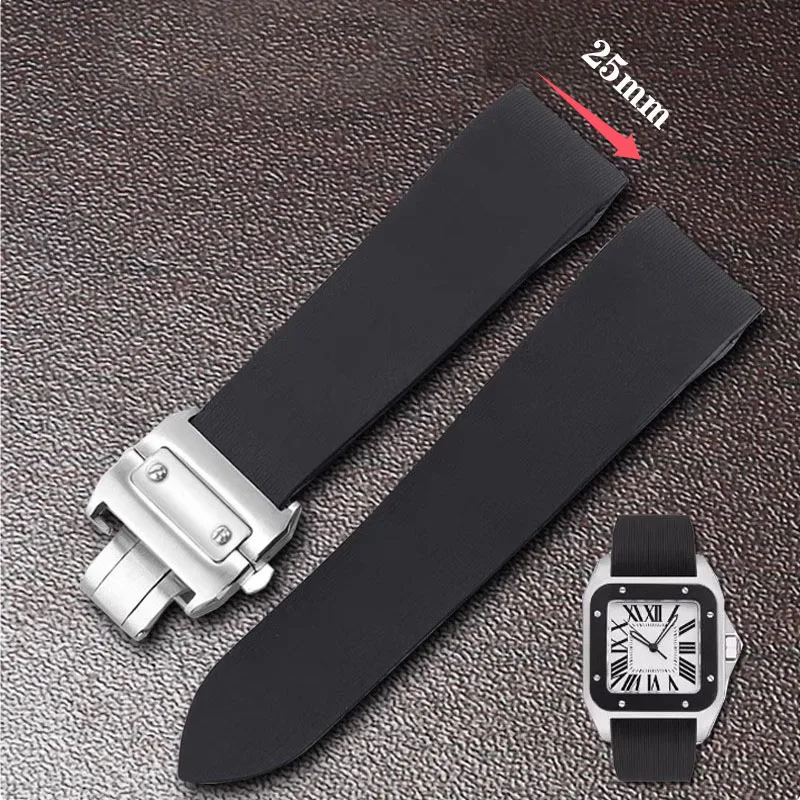 Cartier Watch Santos - 防水ラバーウォッチストラップ、ソフトシリコン、ステンレススチール、バックル付きウォッチバンド、ブラック、レオン100、w2020007、25mmに適合
