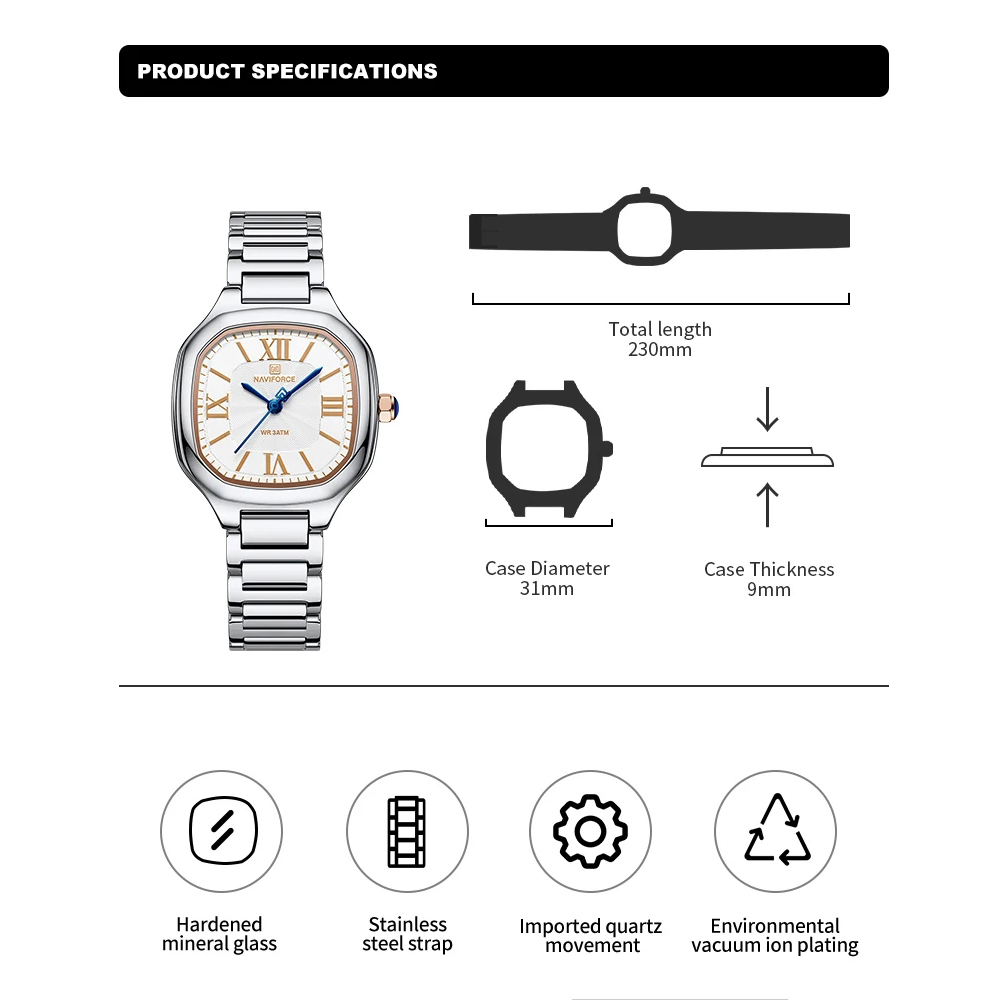 NAVIFORCE 高級レディース腕時計スクエアダイヤルクォ - Luxury Watch Black のレビューと価格
