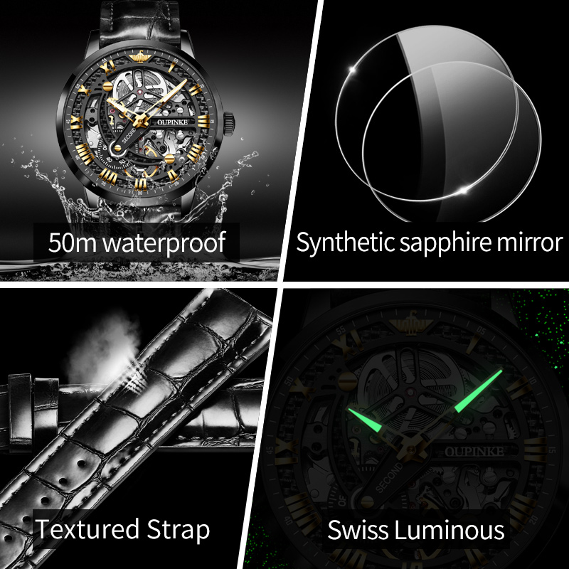 Oupinke自動中空機械式腕時計男性用、機械式時計、レザー - Chronograph Flyback Watch のレビューと価格